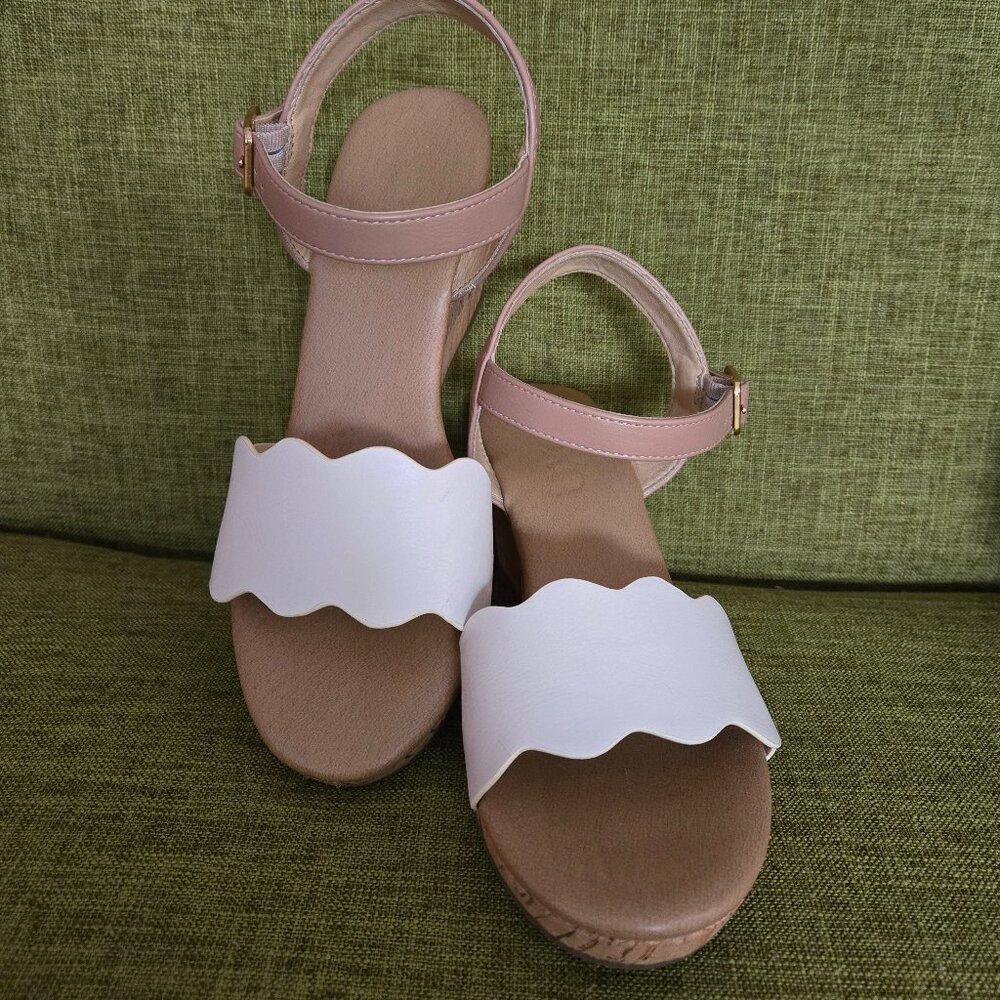 XOXO Joy Wedge Sandals in White and Tan